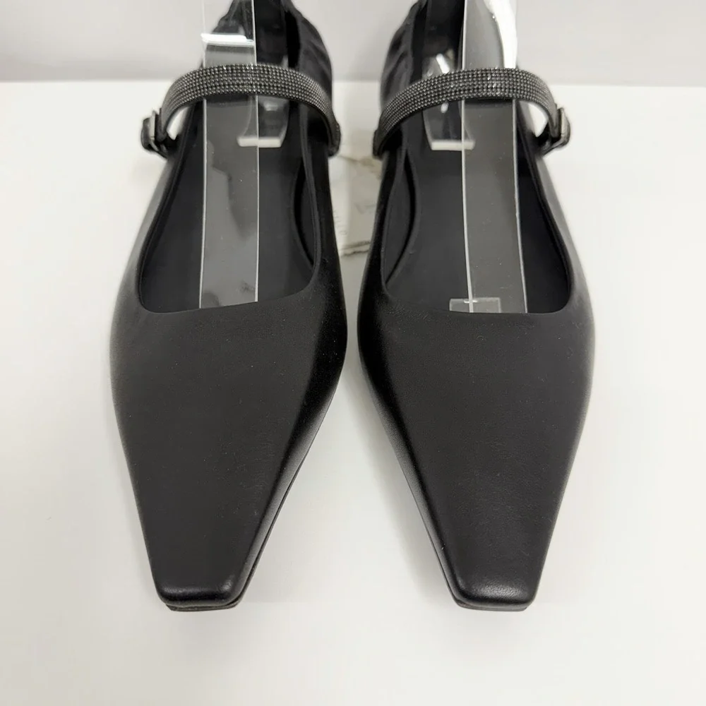 Brunello Cucinelli Mary Jane Leather Shoes Black Monili Crystal NWT $1350 38 1/2